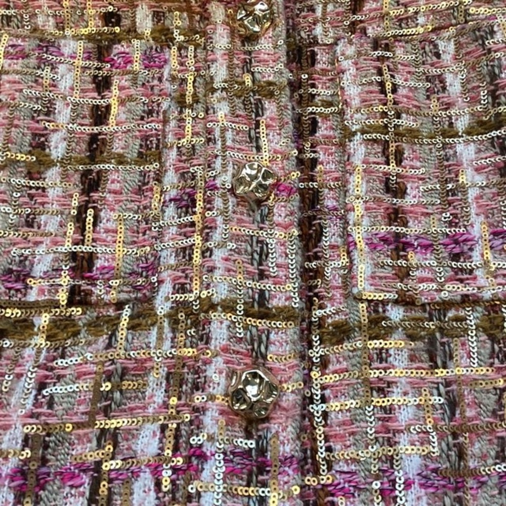 Adrienne Landau ONYX Crystal Tweed Jacket Blazer Pink Gold Sequin Fringe Medium - Picture 8 of 16